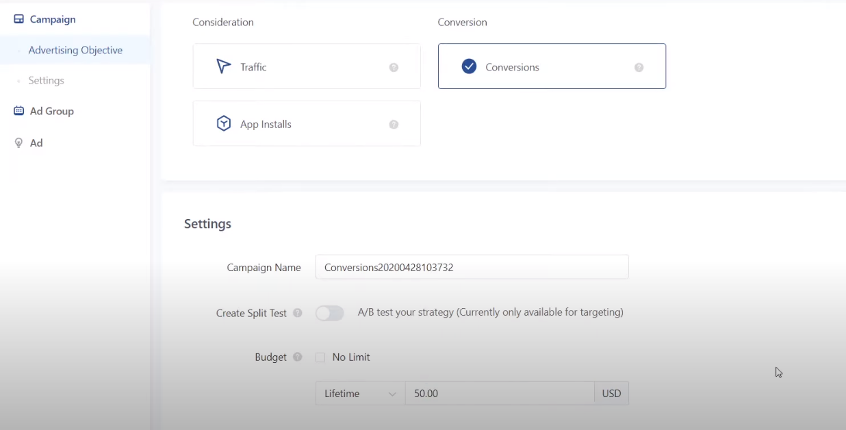 Установка бюджета рекламной кампании
